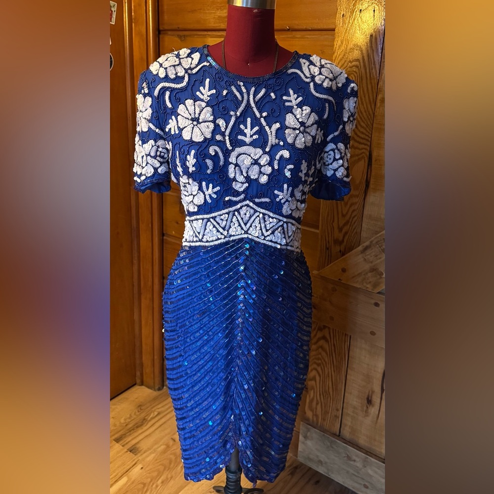 VINTAGE HAND MADE IN INDIA BLUE AND WHITE SEQUINED SILK DRESS